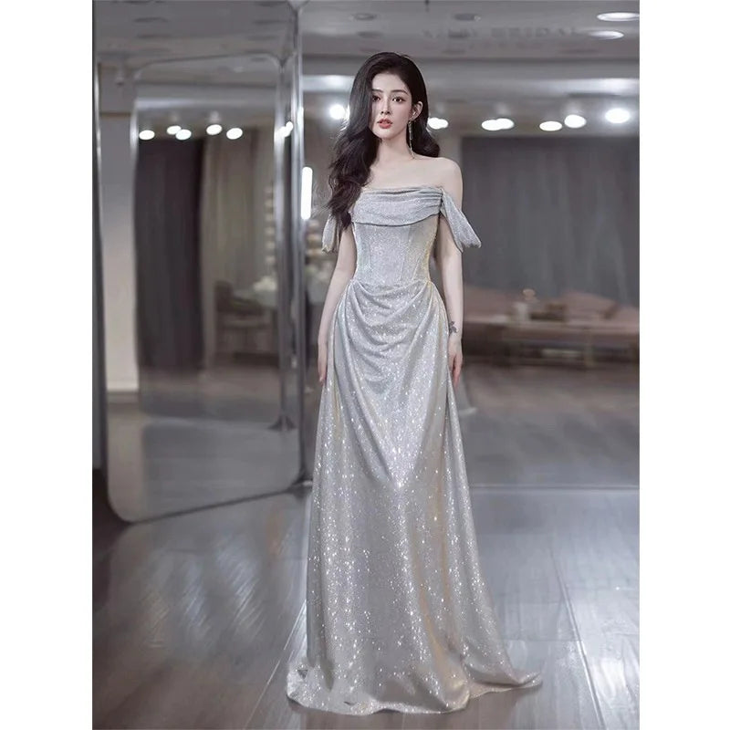 Shimmering Silver Off-shoulder Floor-length Gown