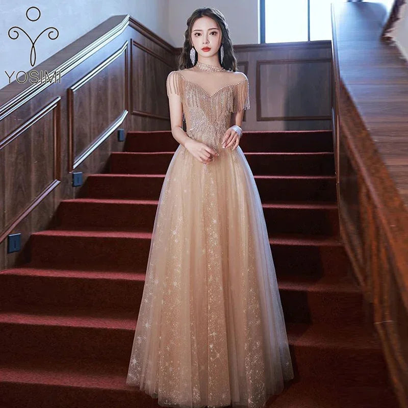 shoes for rose gold dress Gold Sequin Slit Mermaid Prom Dress with Off Shoulder – FancyVestido main image 0