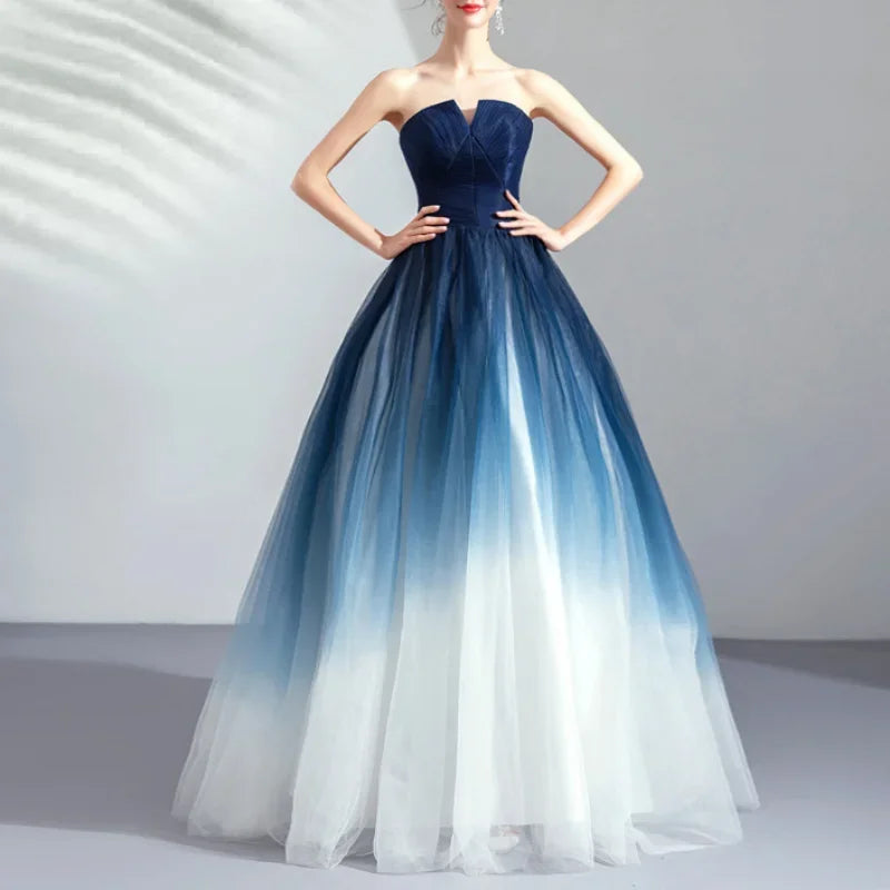 Strapless Ombre Blue White Gradient Evening Gown