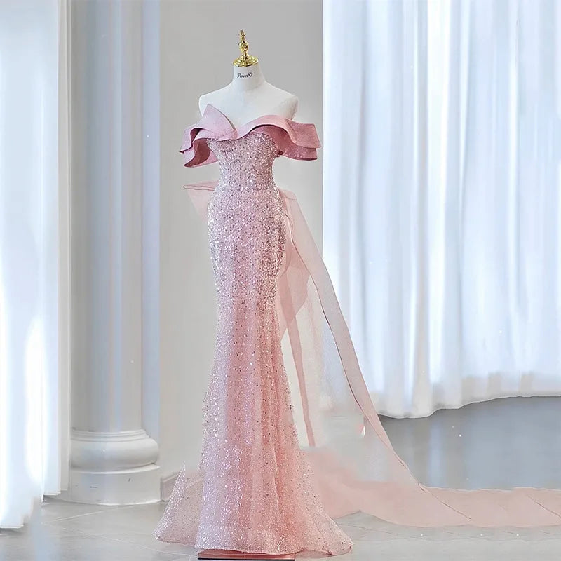 Luxe Pink Off-Shoulder Gown with Train