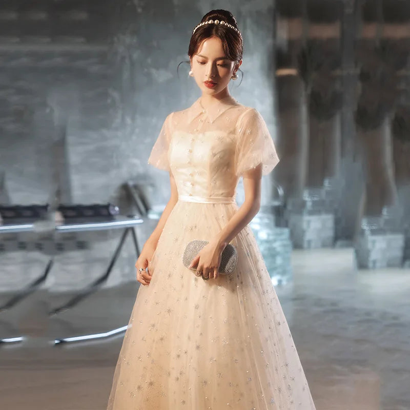 short elegant champagne dress Elegant Champagne Satin A-Line Prom Dress, Champagne Ruffle High Neck main image 0