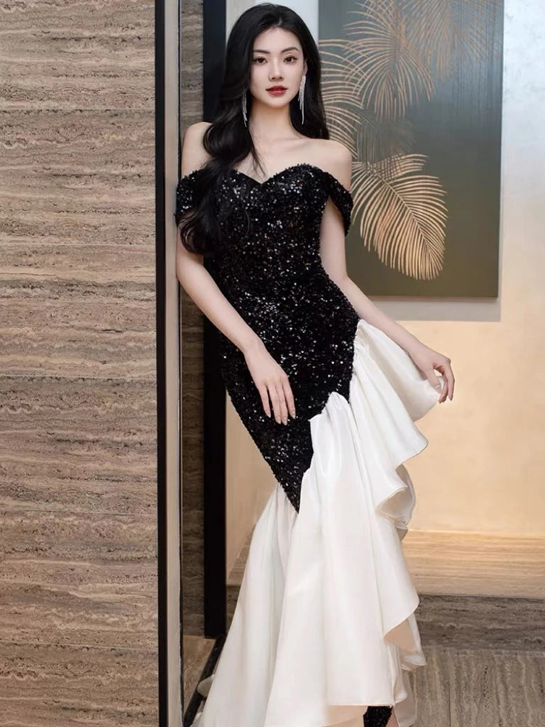 black sparkly off the shoulder dress Black Sparkly Ruffled Prom Dresses with Slit Off the Shoulder Evening –  Viniodress main image 0