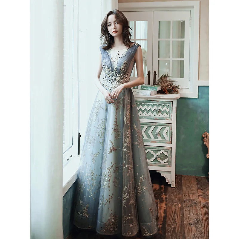 Women Sexy V-neck Evening Party Dress Exquisite Appliques Chinese Dress Blue Qipao Cheongsam Maxi Dress Robe de Soiree