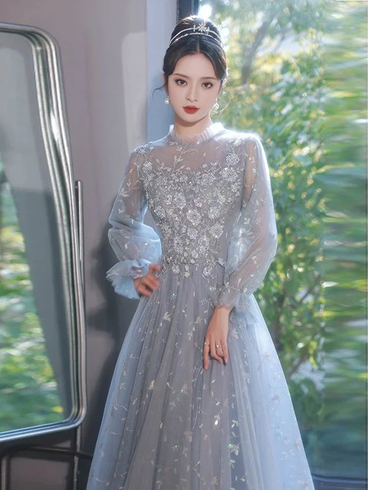 Floral Lace Sheer Long-sleeve Evening Gown