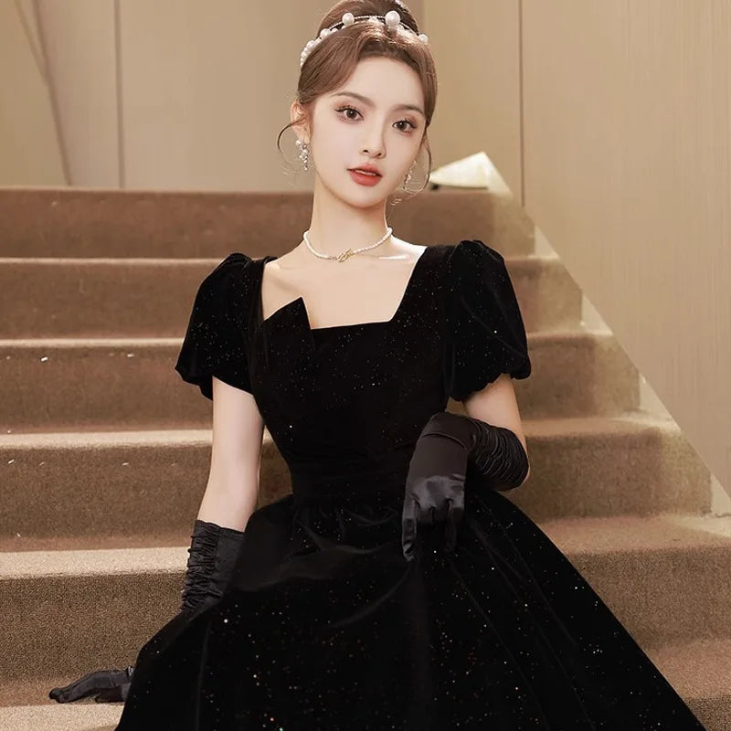 French Black Prom Gown Women Square Neck Long Sleeve Sequins A-line Evening  Dress Elegant Vintage Zi on Luulla