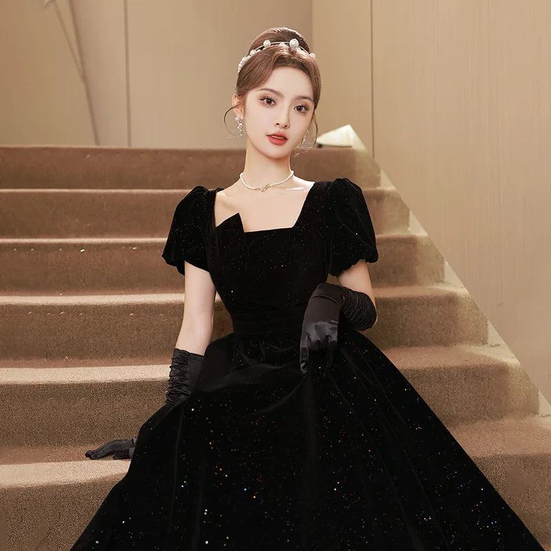 French Black Prom Gown Women Square Neck Long Sleeve Sequins A-line Evening  Dress Elegant Vintage Zi on Luulla