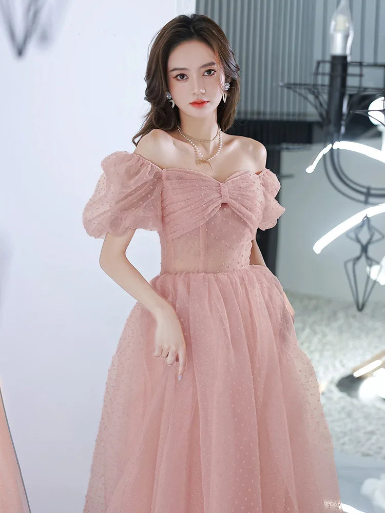 pink off the shoulder high low dress Pink Off Shoulder Tulle High Low Homecoming Dresses, Lovely Party Dres