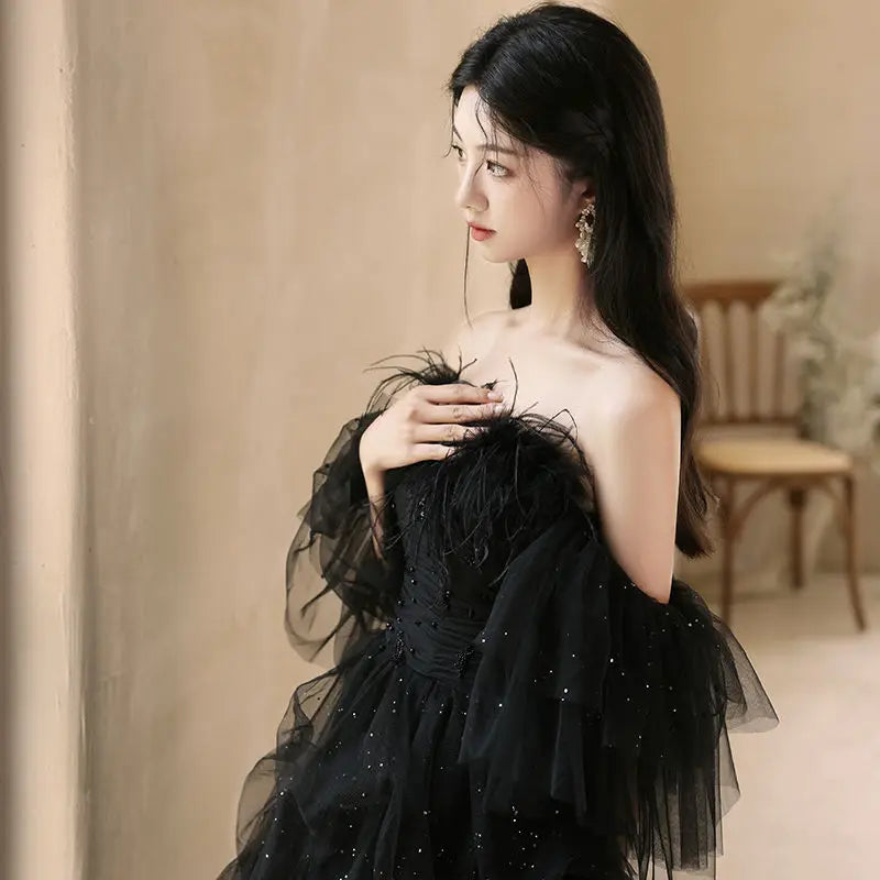 black feather off the shoulder dress Elegant Black Sequin Feather Off-the-shoulder Prom Dress