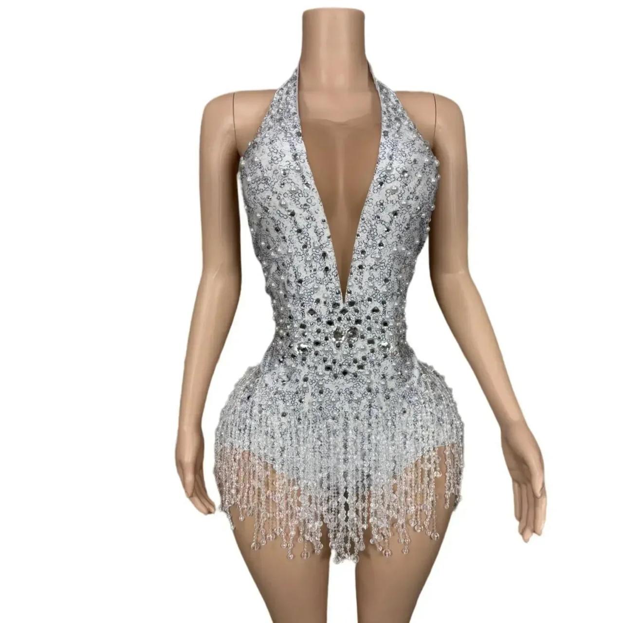 Sparkling Rhinestone Halter Dress With Fringe Detail on Luulla