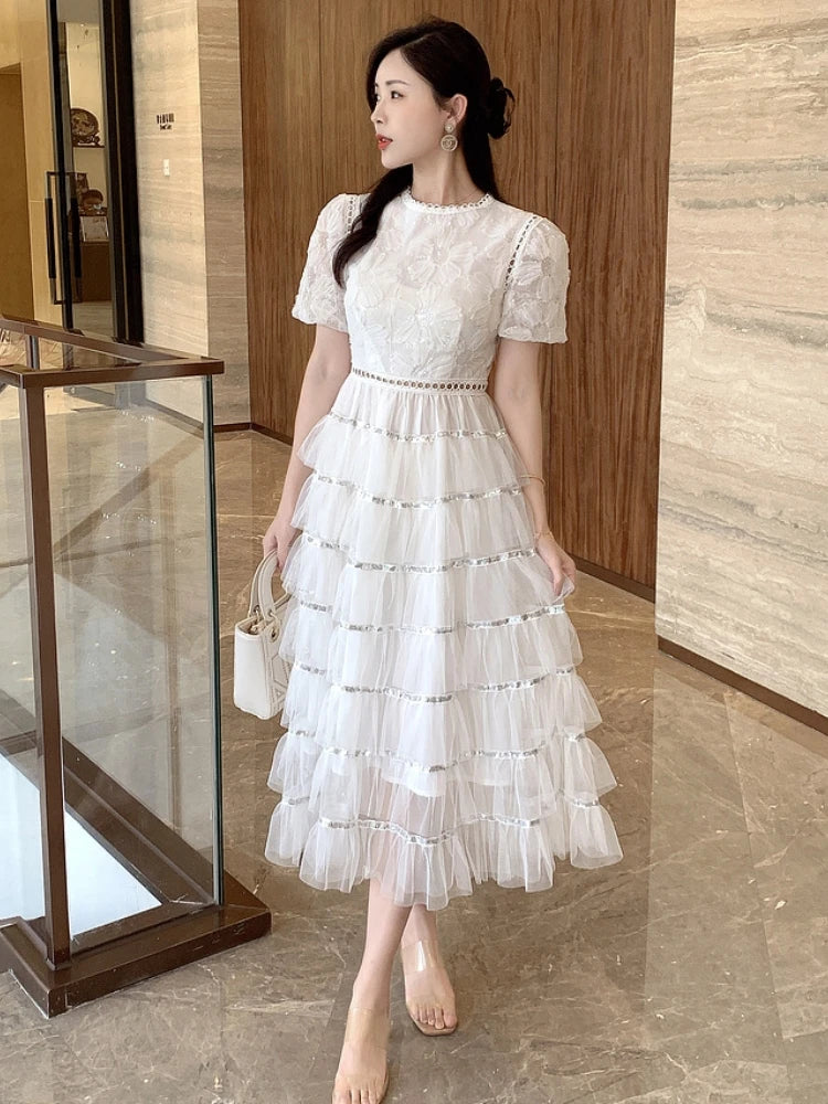 white dress with short sleeves formal Celia Strappy Back A-Line Glitter Formal Dress main image 1
