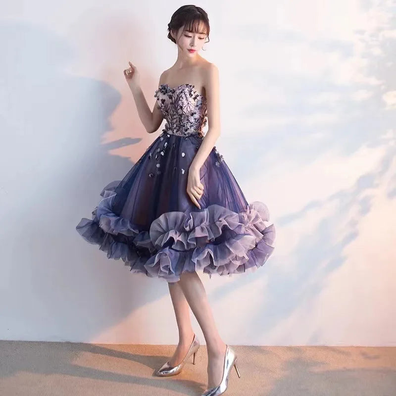 Exquisite Floral Beaded Lavender Strapless Ruffled Dress on Luulla