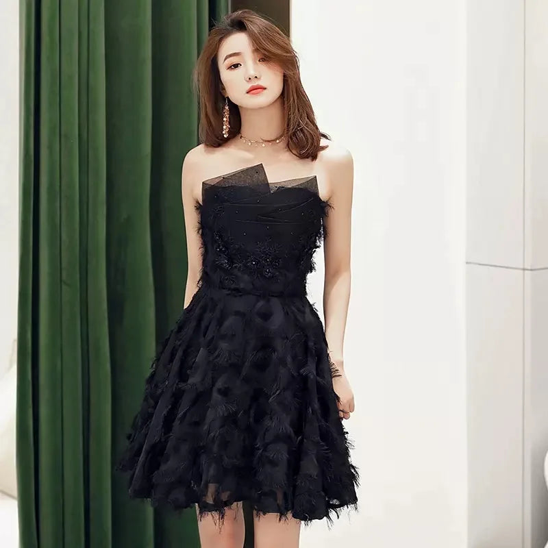Strapless Knee-length Cake Quinceanera Dresses Floral Pleat Black Noble Vestidos de 15 Quinceaera 2024 Backless Elegant Gowns