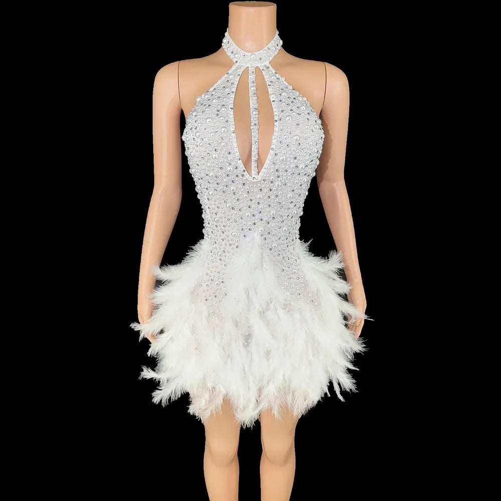 Sparkling White Halter Dress with Feather Skirt