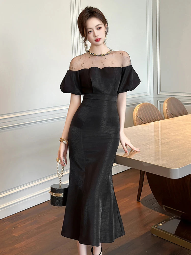 Off-shoulder Black Dress With Sheer Overlay