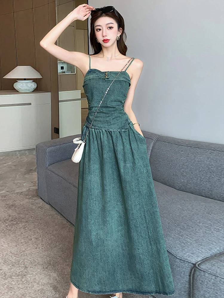 Chic Denim Maxi Dress With Adjustable Straps