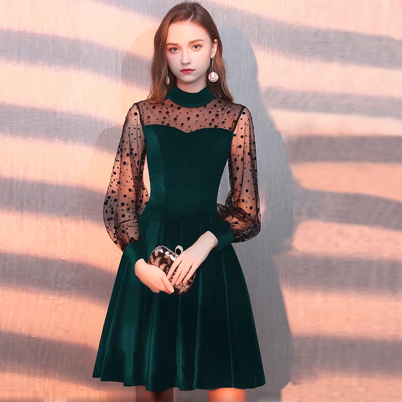 Black Velvet Dress with Sheer Polka Dot Sleeves