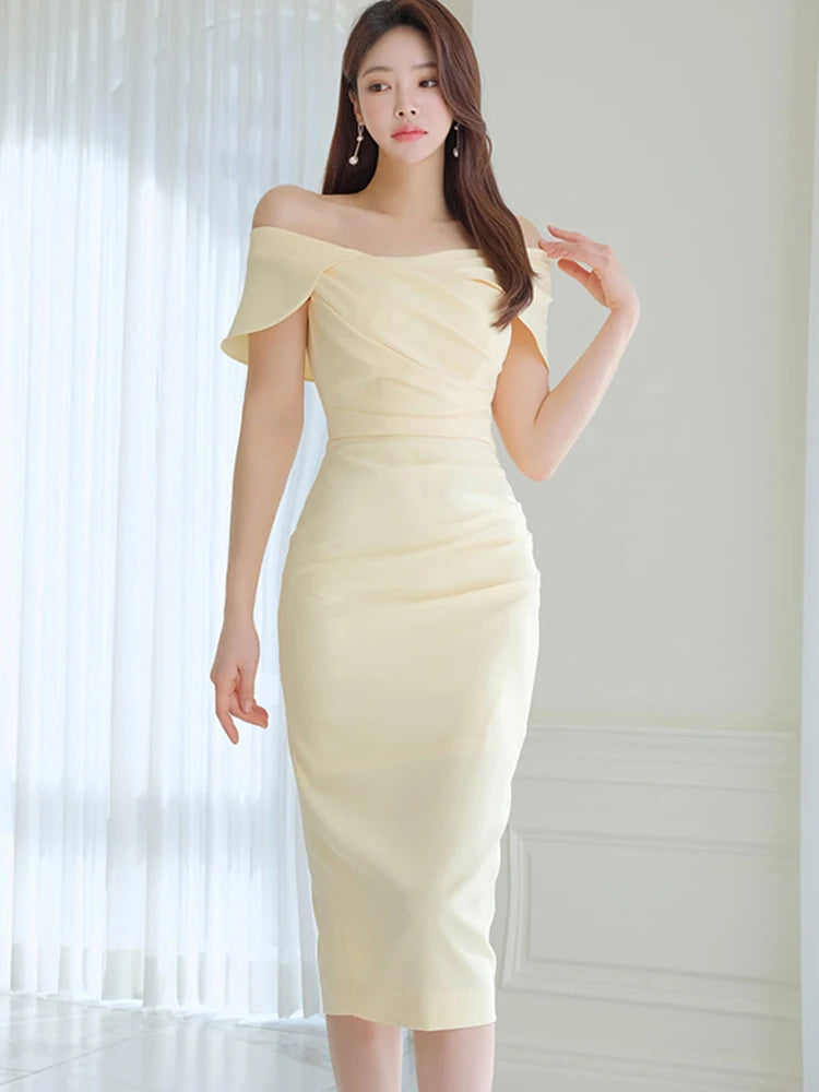 Off-shoulder Ruched Satin Dress In Ivory on Luulla