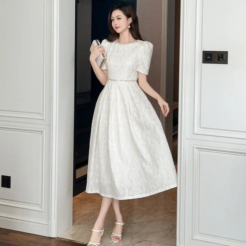 Chic White A-line Dress With Puff Sleeves on Luulla