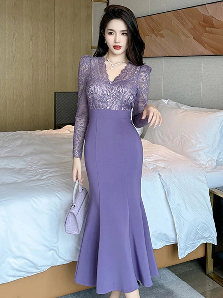 Lace V-neck Long Sleeve Fitted Evening Dress