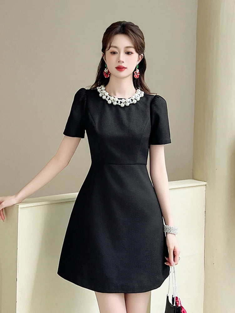 Classic Black Short-sleeve Dress With Pearls on Luulla