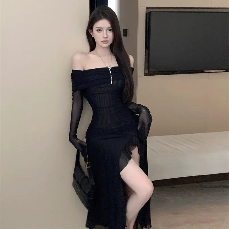 Deeptown Women Black Sexy Long Dress Off Shoulder Elegant Irregular Ruffle  Split Evening Party Dress on Luulla