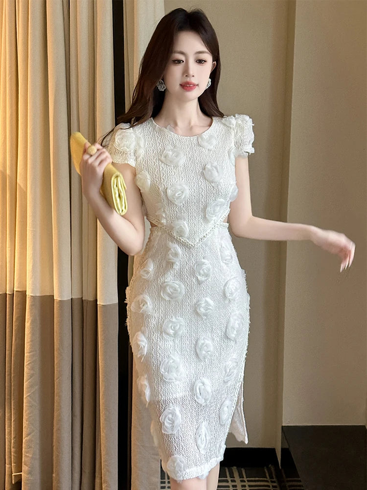 white dress with floral applique Andrea & Leo WL017 Long Ball Gown Wedding Sleeve Style Hope 3D Floral Applique Mini