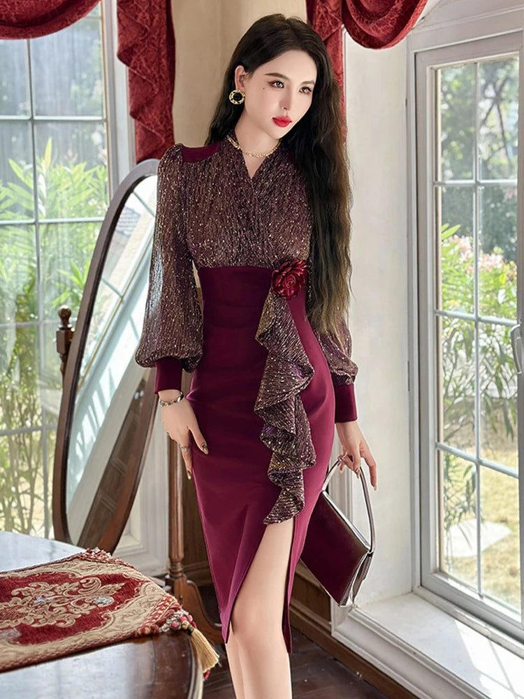 Burgundy Chiffon Long-sleeve Dress With Ruffle Detailing on Luulla