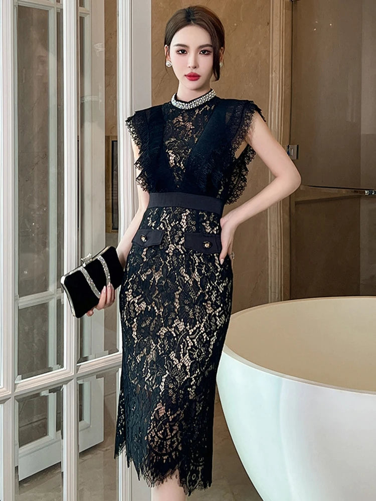 Chic Black Lace Sleeveless Dress With Details on Luulla