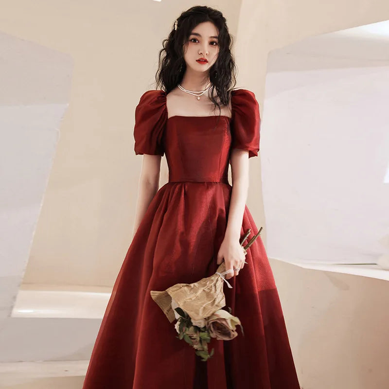 Vintage Burgundy Dress with Puff Sleeve Design