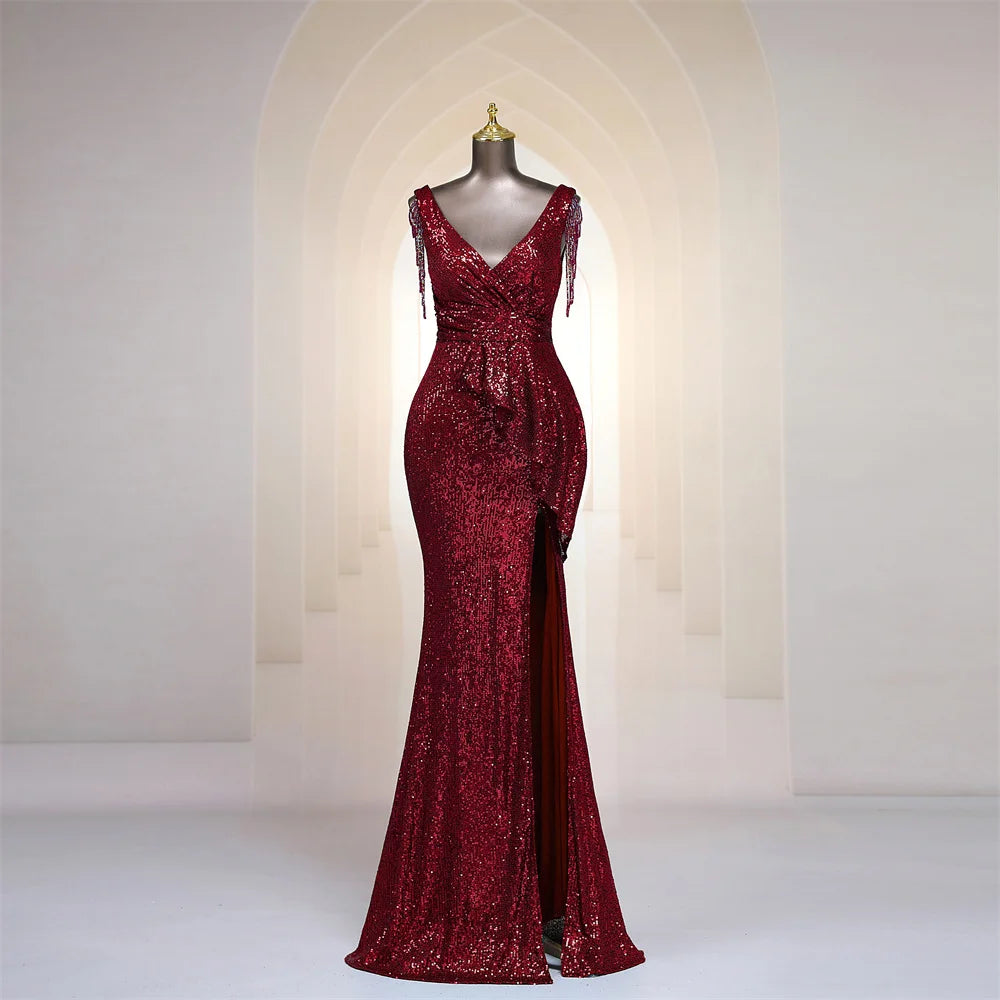 Sequin Sleeveless V-neck Burgundy Evening Gown on Luulla