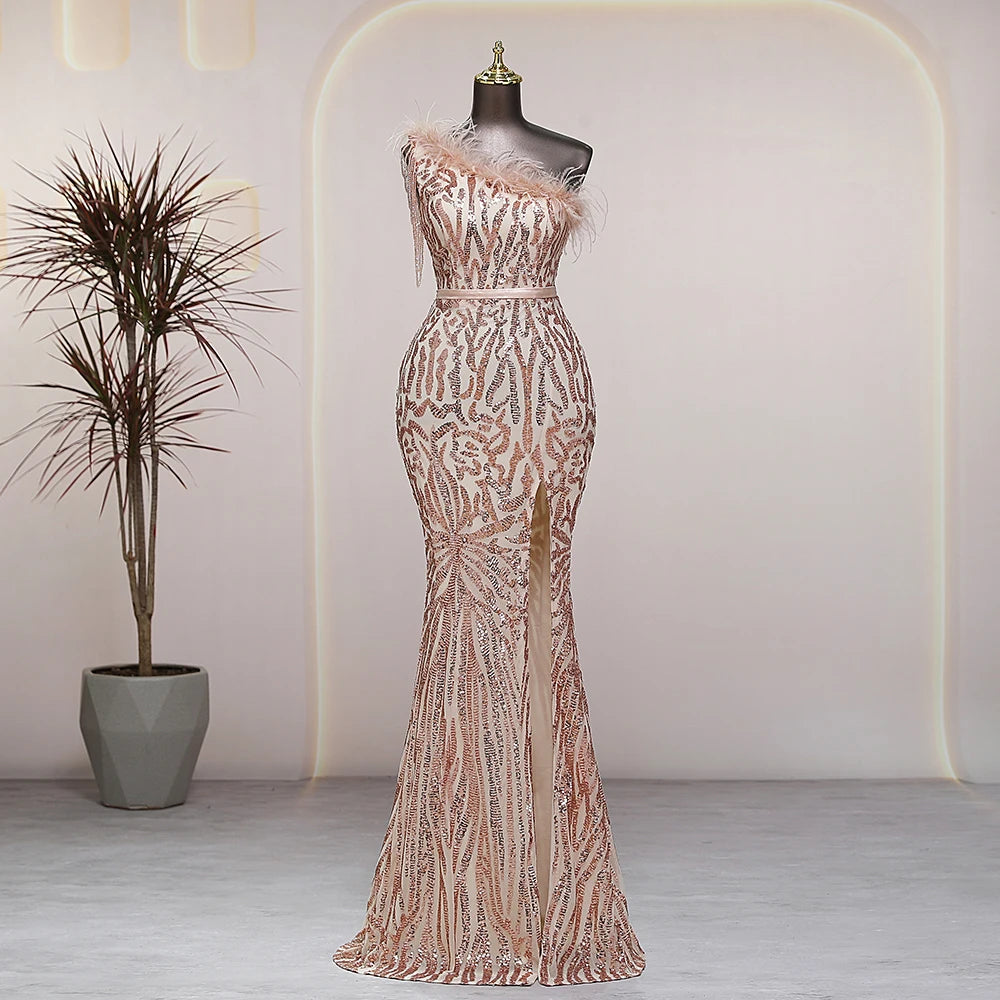 slim fit dress slacks Floor Length Rose Gold Sequin Wedding Guest Dress One Shoulder –  loveangeldress