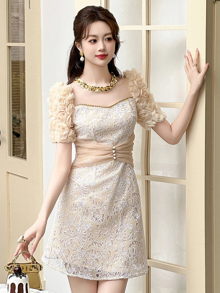 Vintage Lace Dress with Floral Puff Sleeves