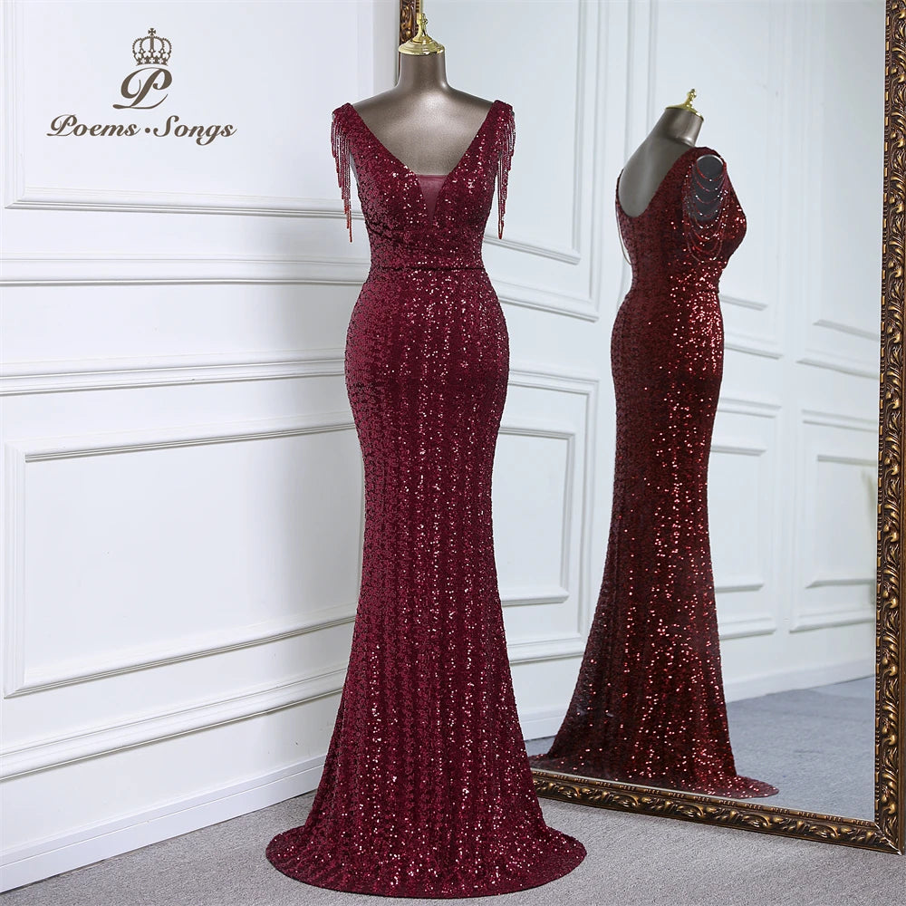 V-neck sequined sleeveless evening dress