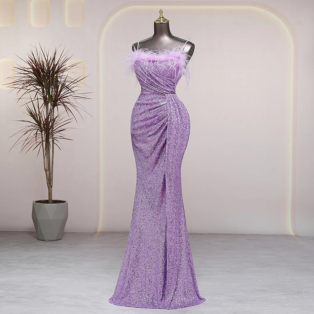 Sparkling Lavender Ruched Gown With Feather Details on Luulla