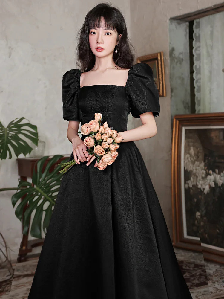 black satin puff sleeve dress Black Satin Prom Dress with Puffed Sleeve 22318 Black / US16