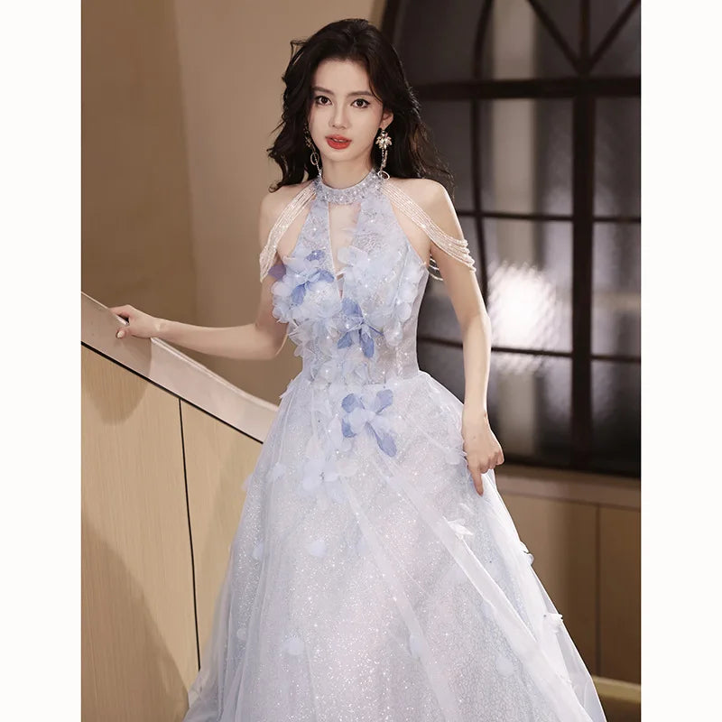 sachin and babi light blue dress Romantic Blue Evening Dress Elegant 3d Flower Halter V-neck Wedding Party  Gown Sleeveless Tassel Bea on Luulla
