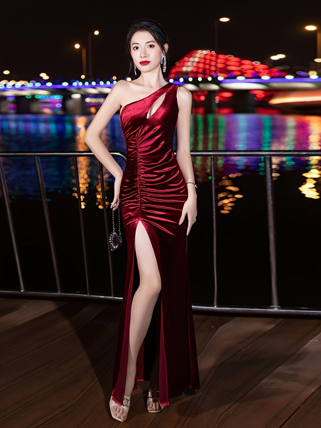 Asymmetric Ruched Burgundy Dress With Thigh Slit