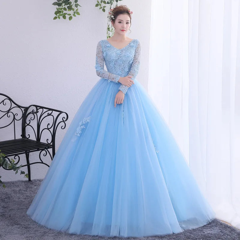 ice blue long sleeve dress Luxury Ice Blue Lace Long Sleeves A-line Long Prom Dress, Gown Dress, –  SposaBridal