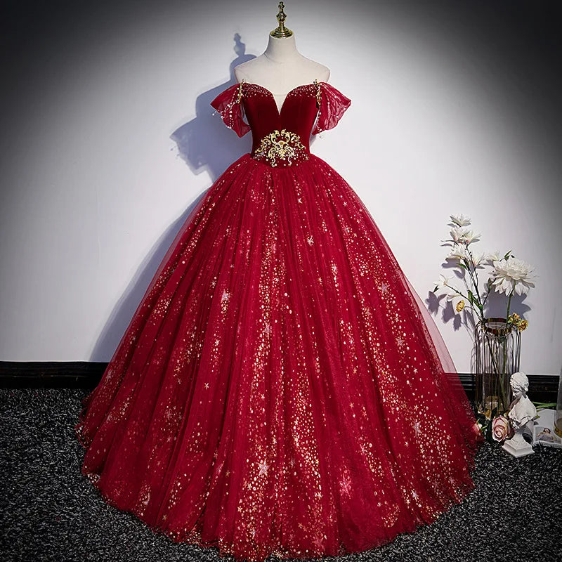 Sparkling Red Off-shoulder Ball Gown Dress