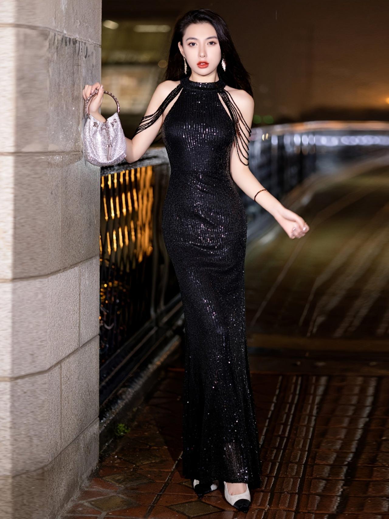 Black Sequin Halter Neck Evening Gown