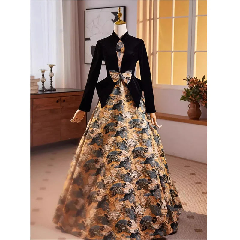 Black And Gold Long Sleeve Evening Gown