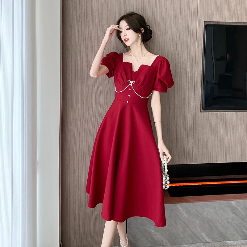 Red Square Neck Puff Sleeve Midi Dress