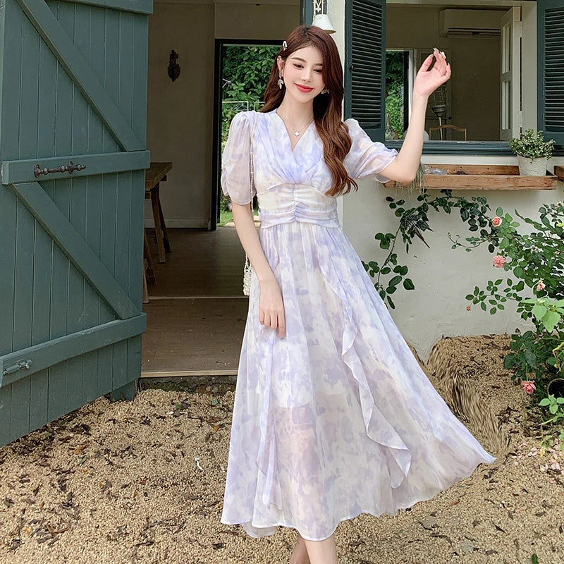 Floral Chiffon Wrap Dress with Puff Sleeves