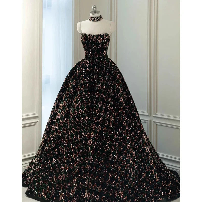 Strapless Floral Patterned Evening Gown With Choker on Luulla