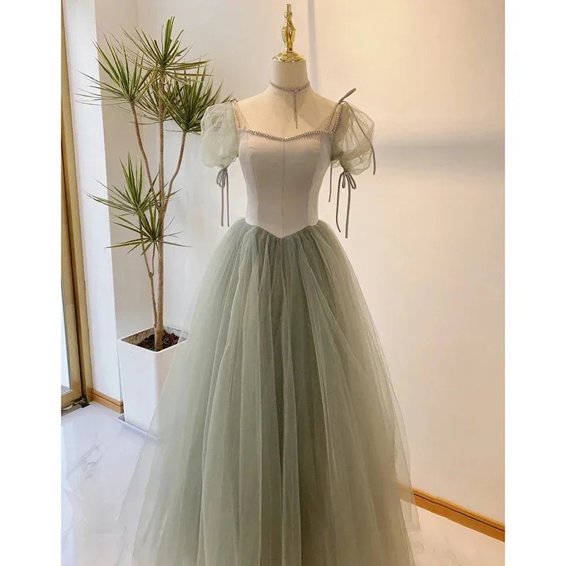 Off-shoulder Puffy Sleeves Green Tulle Gown on Luulla