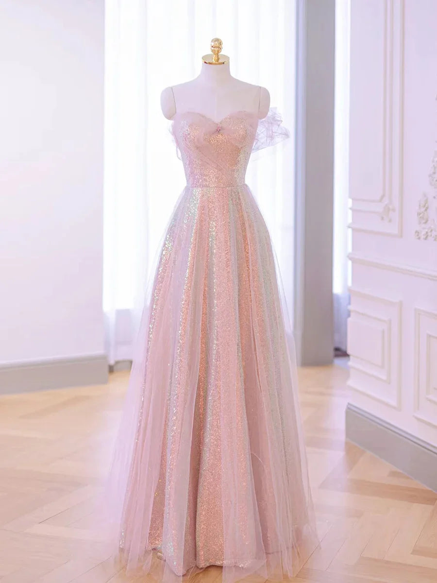 Strapless Pink Glittering Flowy Tulle Evening Gown on Luulla
