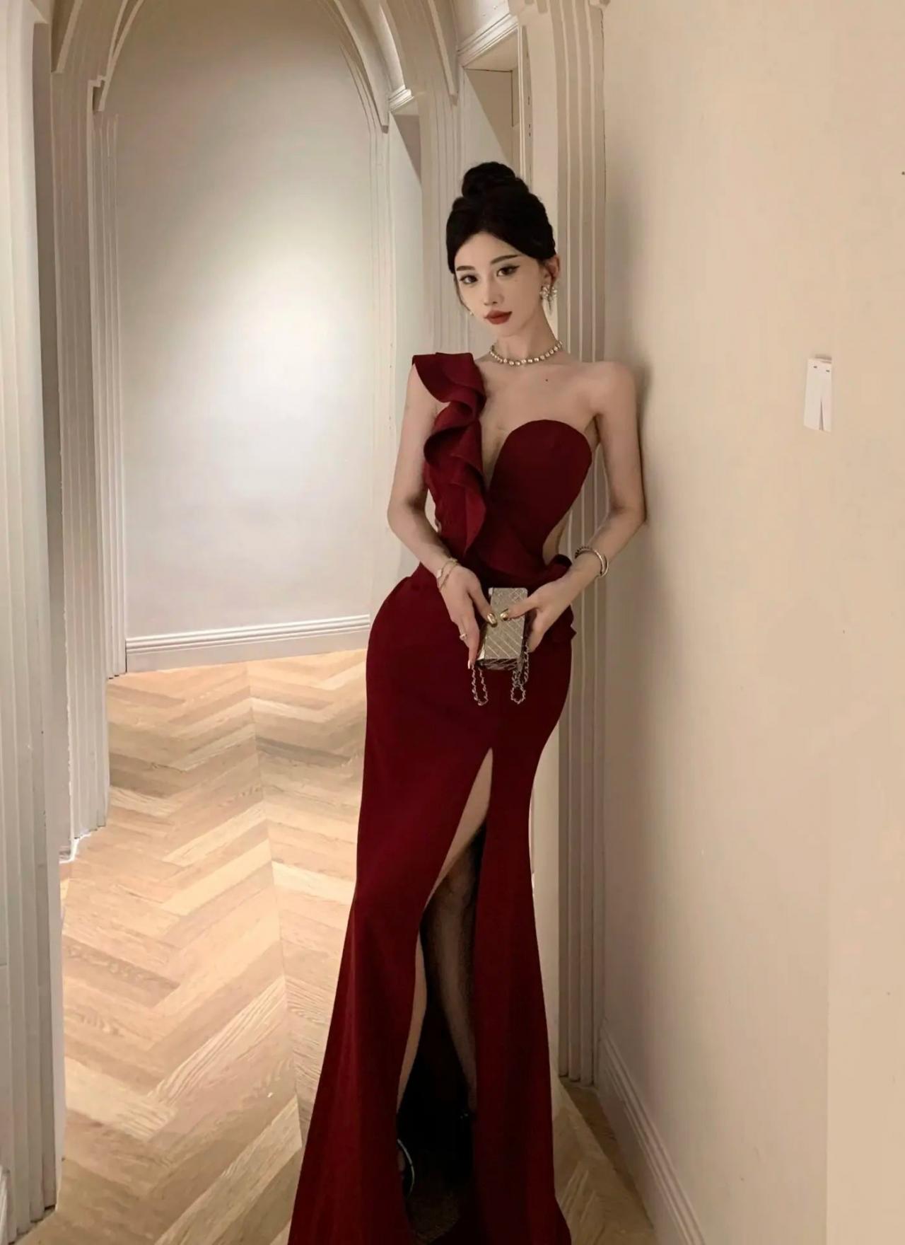 Burgundy Strapless Dress With Ruffle And Slit on Luulla