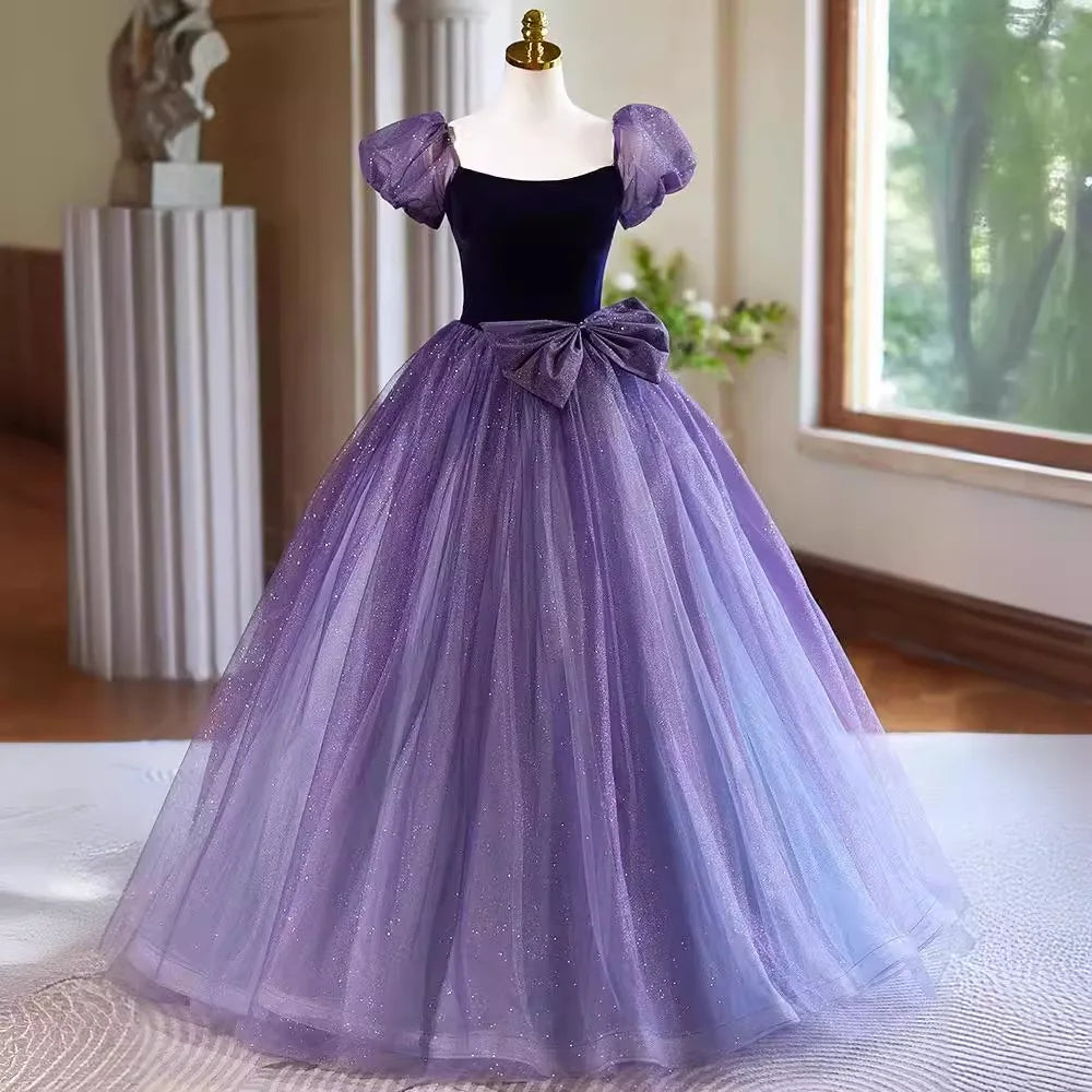 Sparkly Prom Dress 2025 Long For Women Purple Tulle Dress With Puffy Sleeves