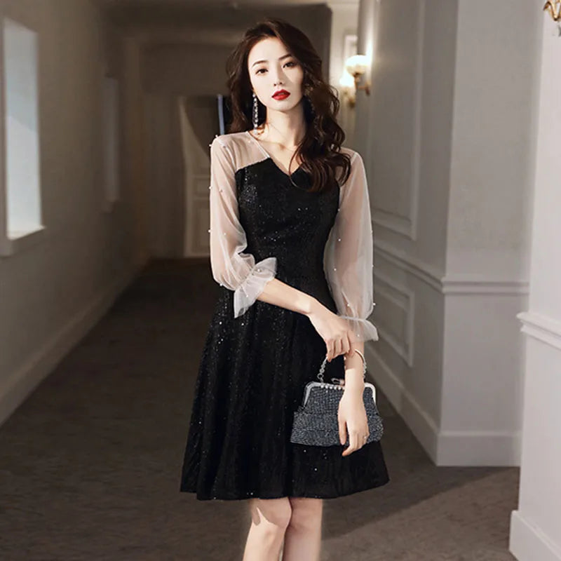 shimmering black dress Sail to Sable Black Sequin Ruffle Neck Dress Black Sequin / XL / H23121 main image 1