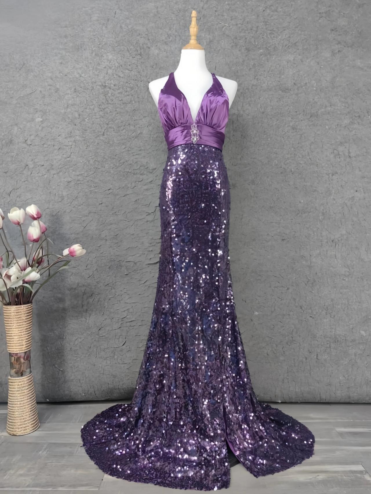 deep halter dress Mermaid Deep Halter Yellow Satin Long Prom Dresses with Slit Yellow / 6